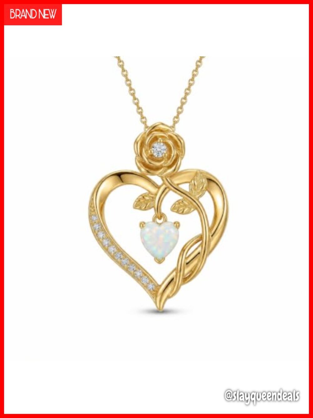 14K Gold Plated Heart Necklace Opal Pendant Rose Design